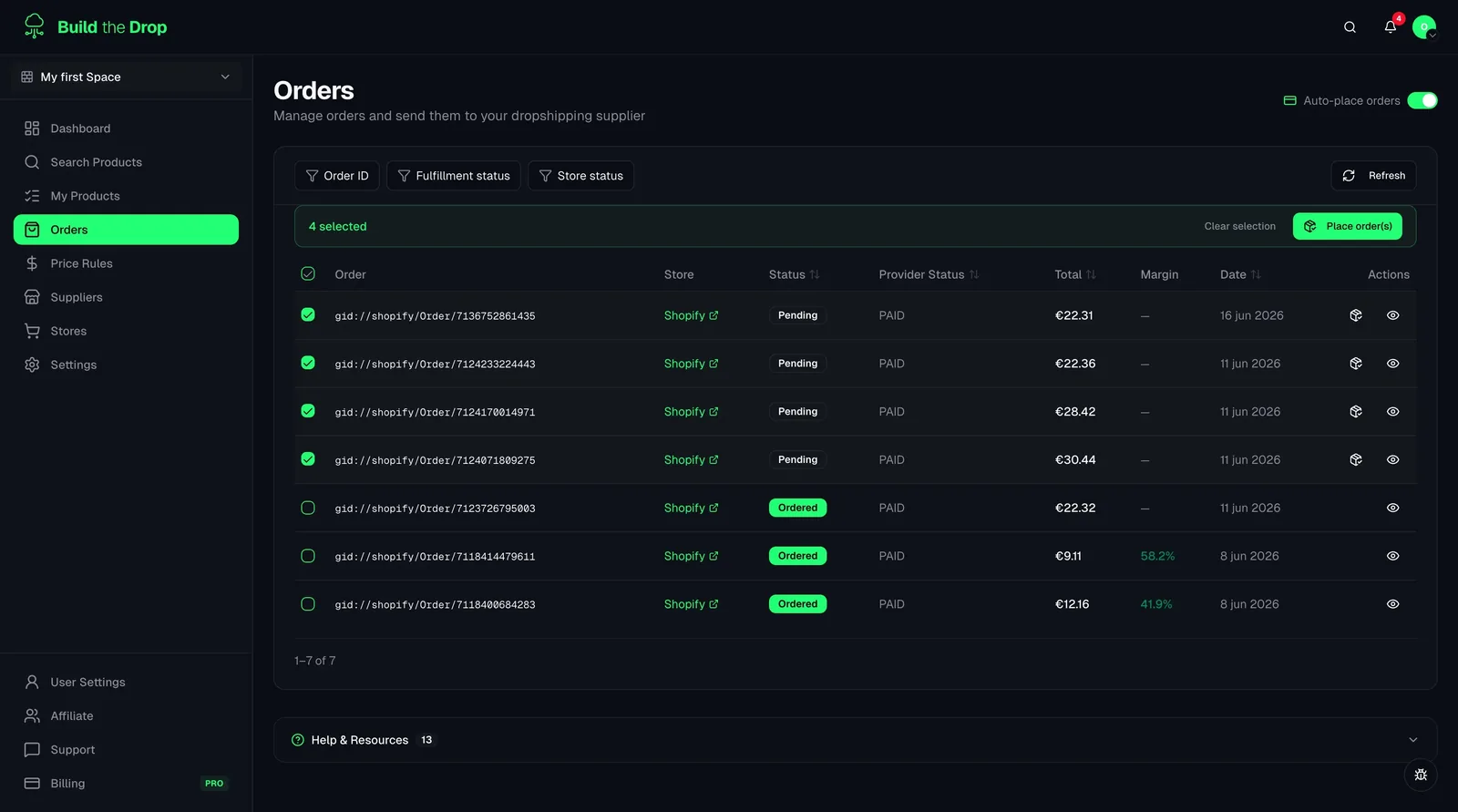Build the Drop orders screen: Shopify orders ready to be placed on AliExpress